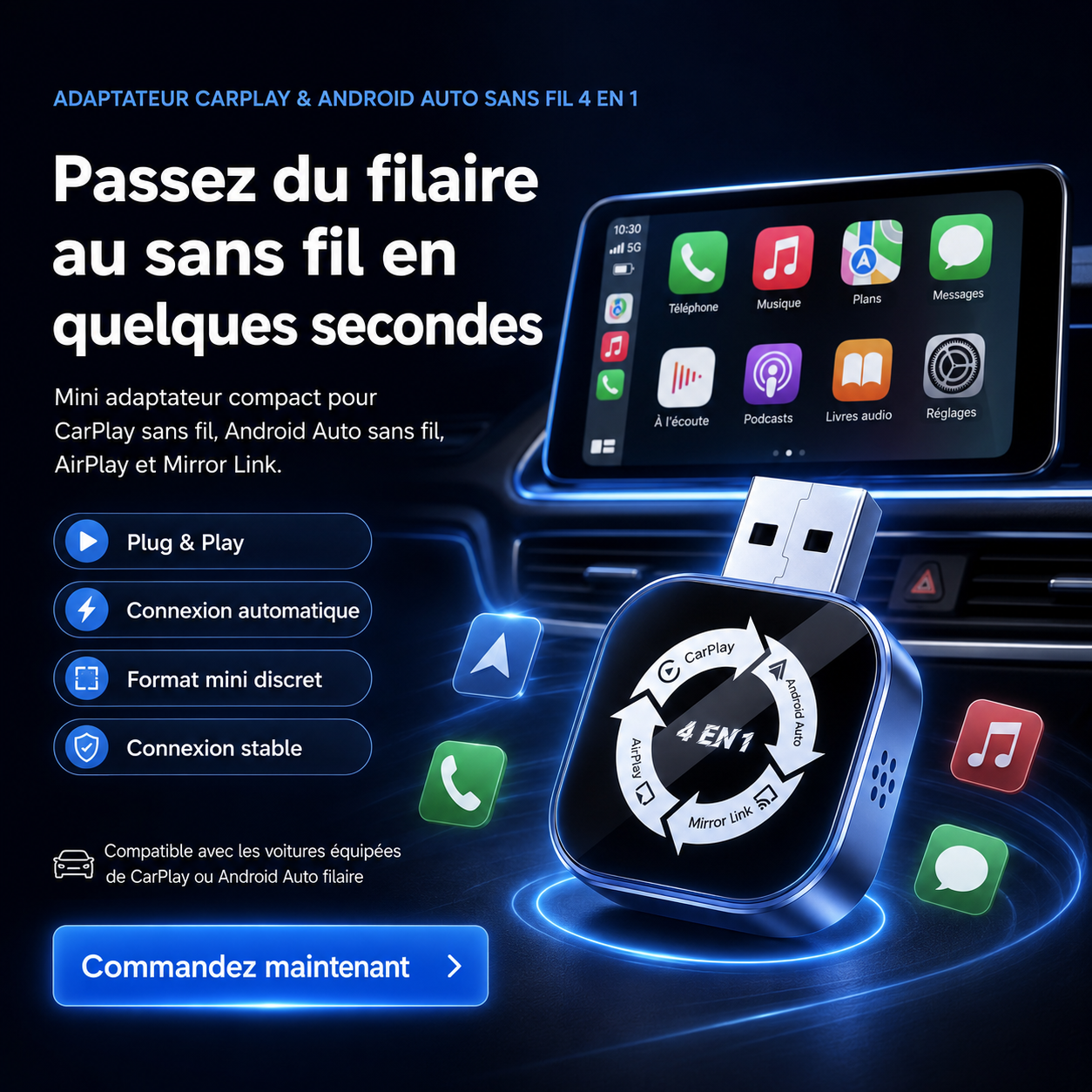 Adaptateur CarPlay sans fil 4-en-1 (Apple/Android)