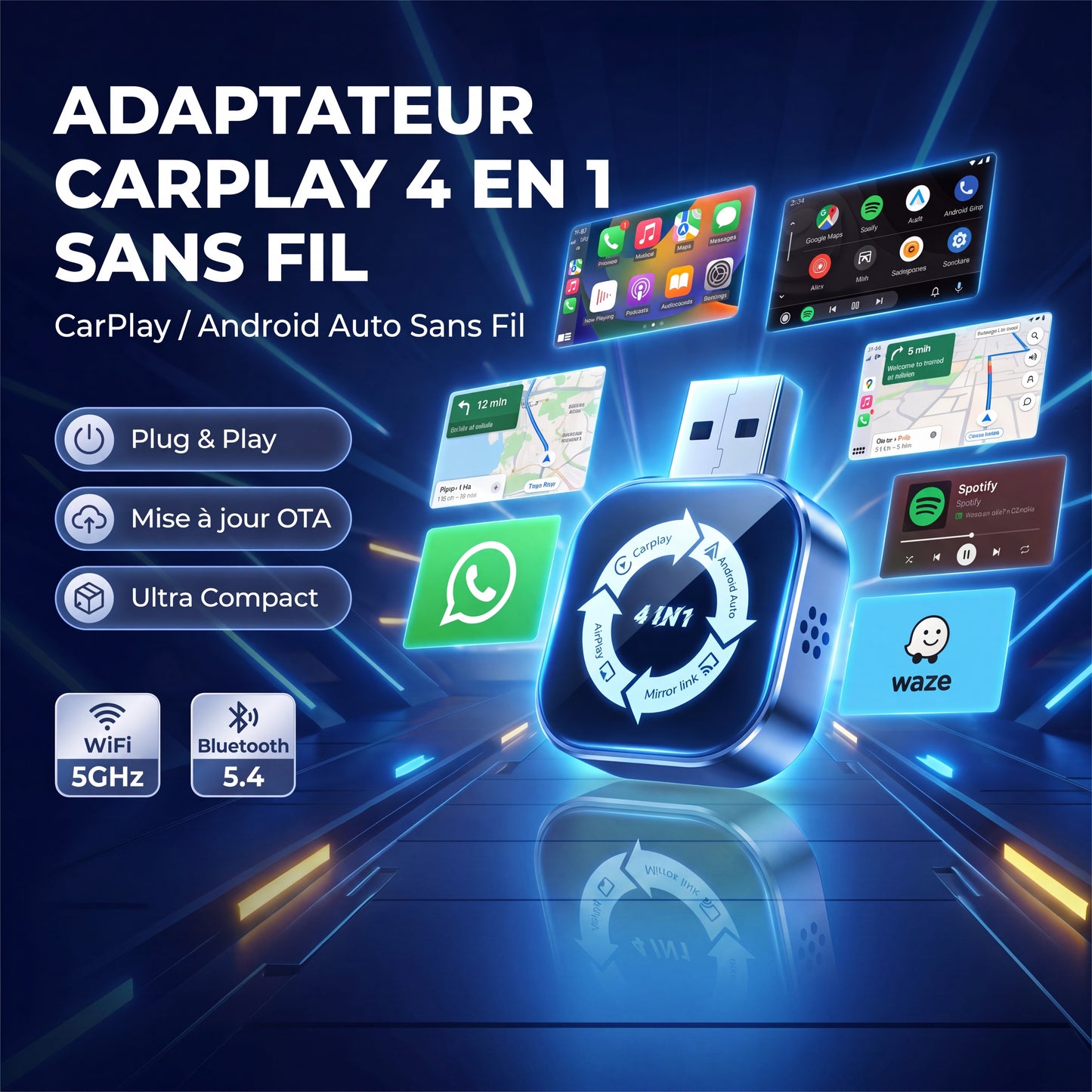 Adaptateur CarPlay sans fil 4-en-1 (Apple/Android)