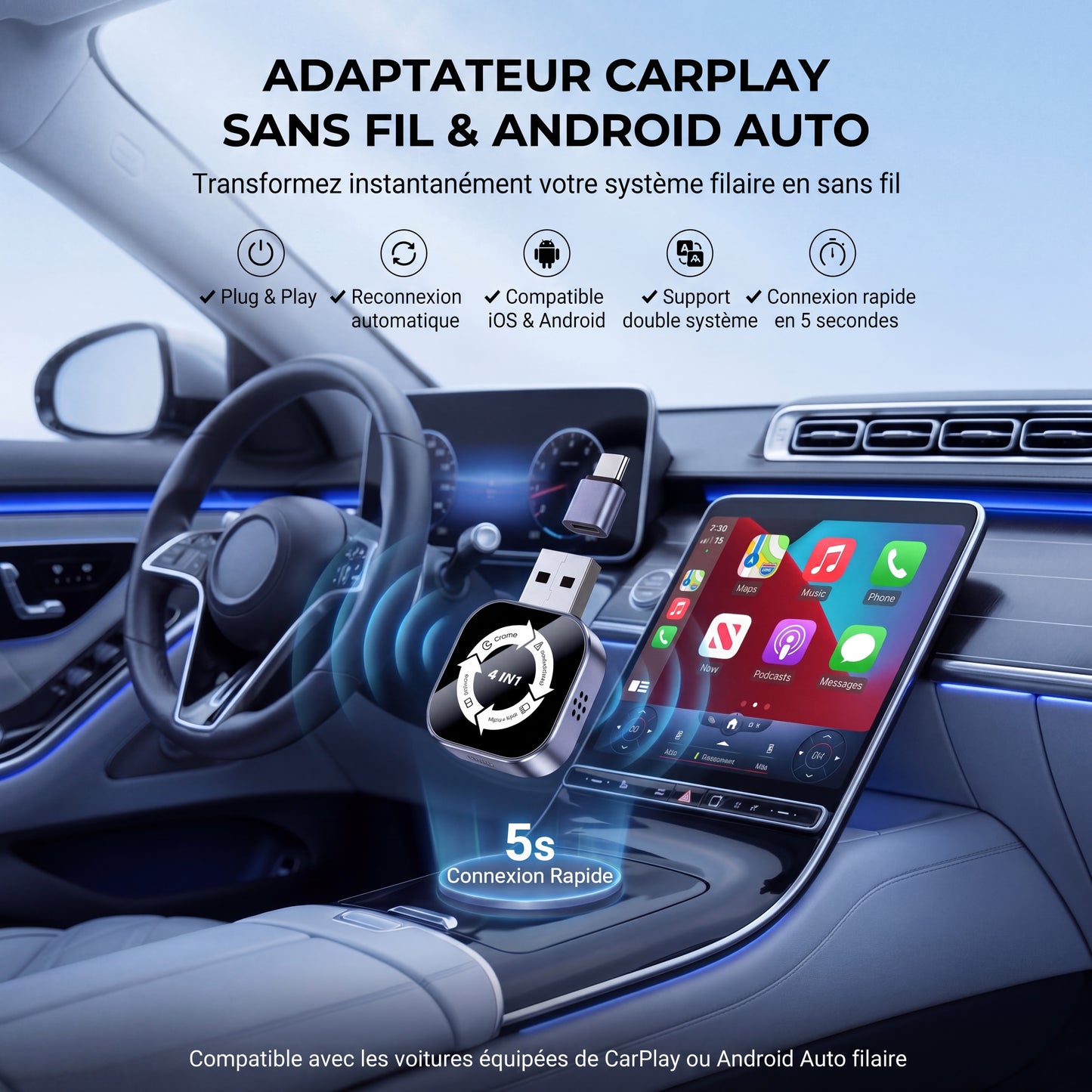 Adaptateur CarPlay sans fil 4-en-1 (Apple/Android)